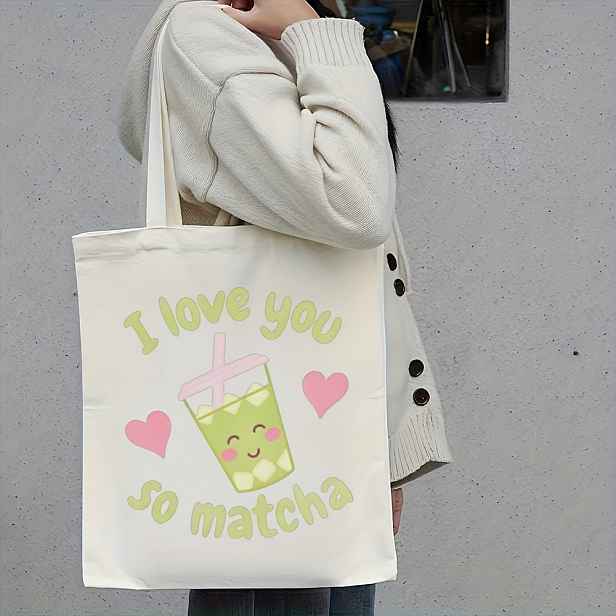 TEMU 1 ks 2D plochý potisk dámská taška Tea | Roztomilý dárek pro milovníky japonského čaje "I Love You ", velkokapacitní lehká taška přes rameno s