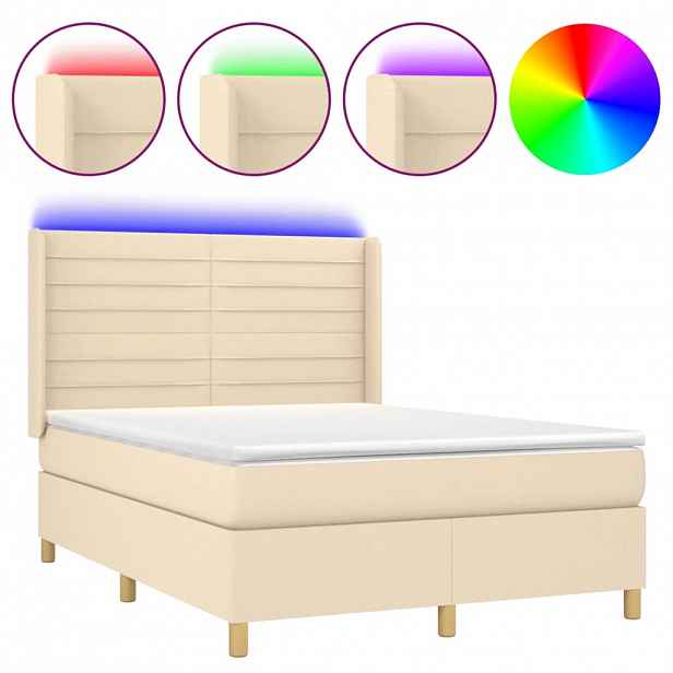 vidaXL Box spring postel s matrací a LED krémová 140x200 cm textil