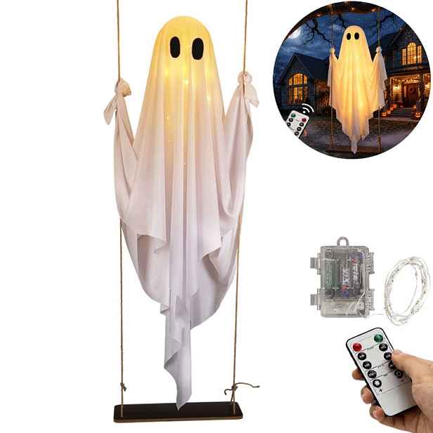 Halloweenská dekorace duch houpačka Led lampa s dálkovým ovládáním zahradní ozdoba