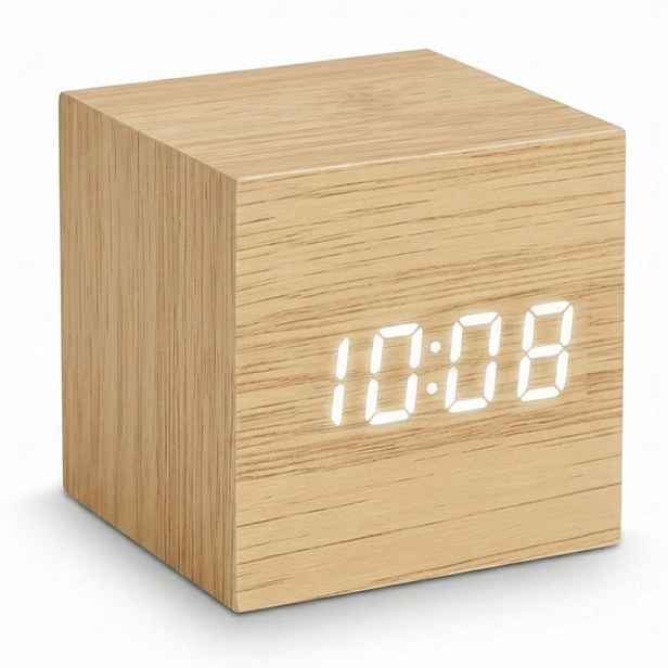 Relaxdays BUDÍK přírodní digitální kostka dřevěný vzhled 3 alarmy USB