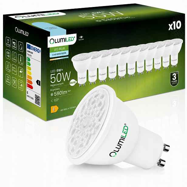 10x Led žárovka GU10 6W 50W 580lm 6500K Studená Nastavitelná 24° 36° 60°