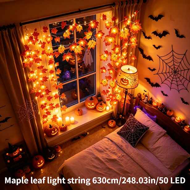 TEMU 1 ks, 630 cm / 248,03 palců / 50 LED simulační světelné řetězy s javorovými , noční světla, světelné pásky s javorovými , halloweenské