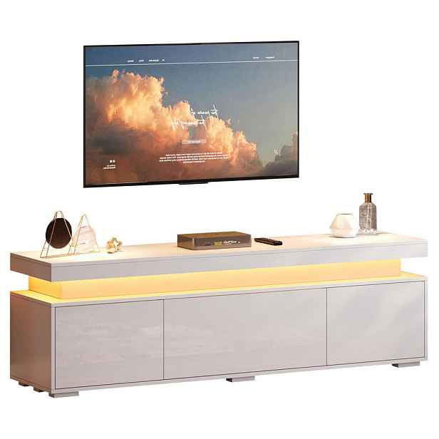 Redom TV stolek 150/35/43 cm se 3 dvířky, 4 přihrádkami, LED osvětlením a vysokým leskem, bílá dřevotříska