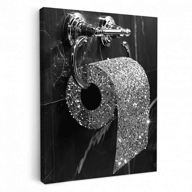 MuchoWow OBRAZ NA PLÁTNĚ WC - Toaletní papír - Černá a bílá - Třpytky 60x80 cm