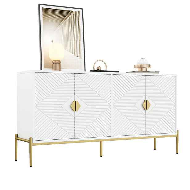 Modenvie SIDEBOARD z MDF a dřevotřísky, 162/40/80 cm, bílé se zlatými úchytkami