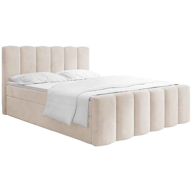 WFL GROUP BOXSPRING POSTEL Serenity s Úložným Prostorem – Béžový Samet – 200x200 cm – Taštičková Matrace H4 a Pěnový Topper