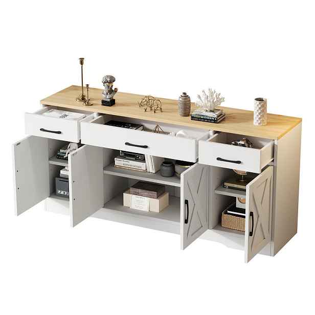 Modenvie SIDEBOARD z MDF, 160/37/75 cm bílá s dekorem dřeva a 3 zásuvkami