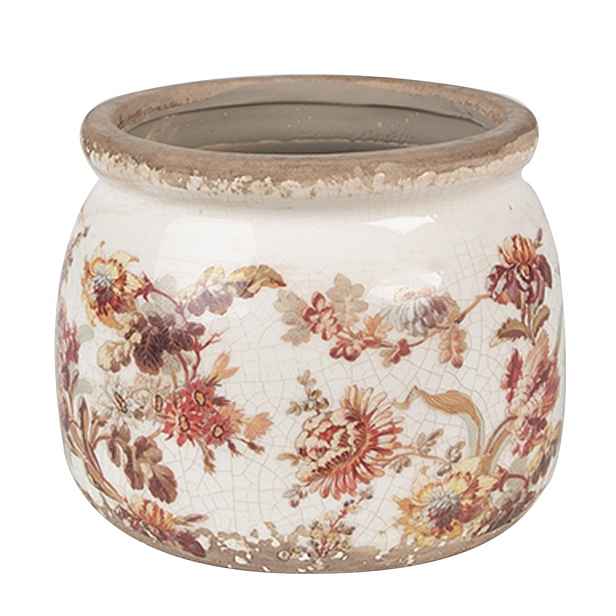 Béžový keramický obal na květináč s květy Flovia S - Ø 12*10 cm Clayre & Eef