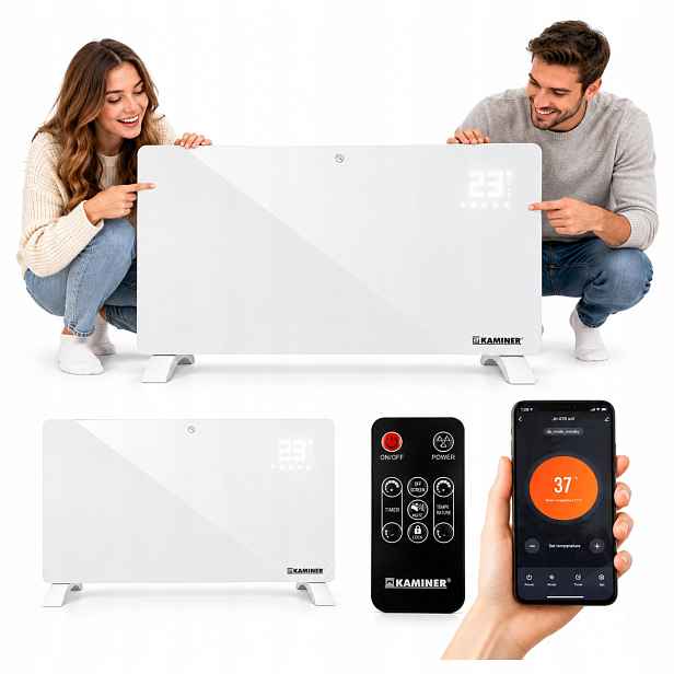Elektrický skleněný ohřívač Kaminer Zelva 2500W s WiFi a dálkovým ovládáním