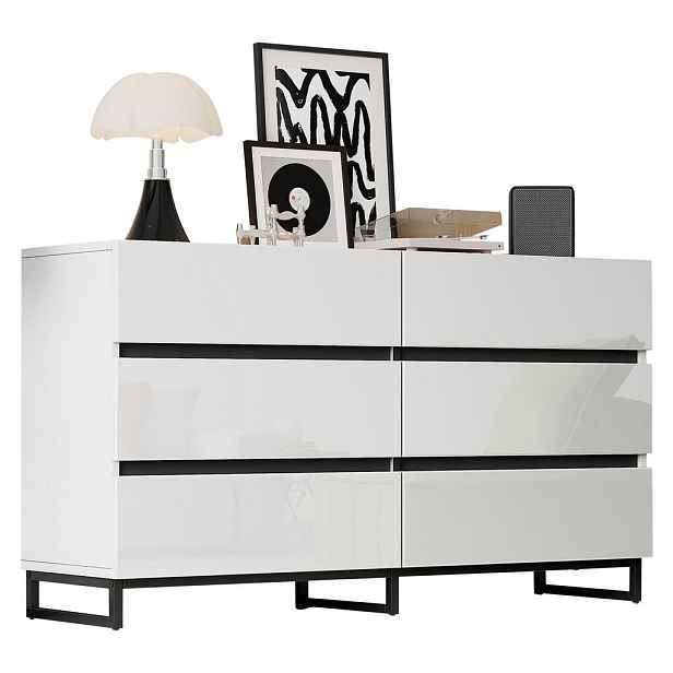 EVRYAE KOMODA Komoda se 6 zásuvkami a vysokolesklým čelem, kovové nohy, MDF kompaktní 140x39.5x78.5cm Bílá