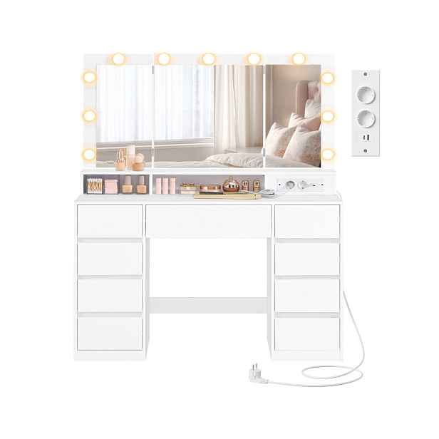 SONGMICS Toaletní stolek s LED osvětlením a nabíjecí stanicí Vasagle Niro 107 cm bílý