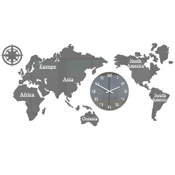 ModernClock Nástěnné samolepící hodiny Mapa světa 110x55 cm šedé