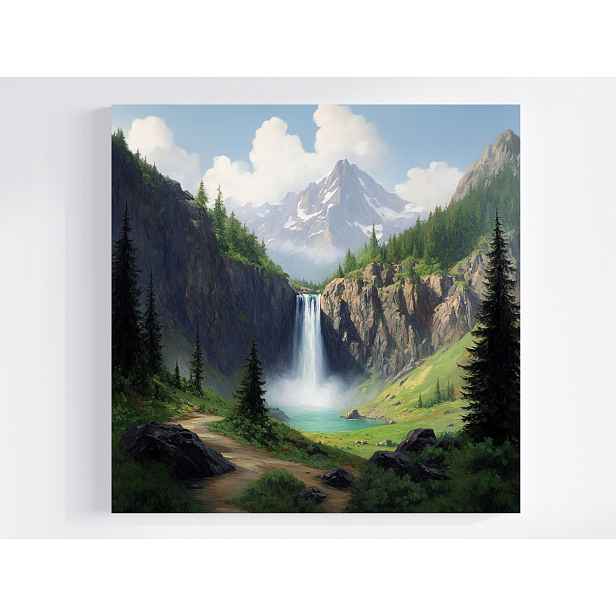 Obraz Na Plátně Canvas Krajina Hory Skály Vodopád Les Stromy Řeka 50x50
