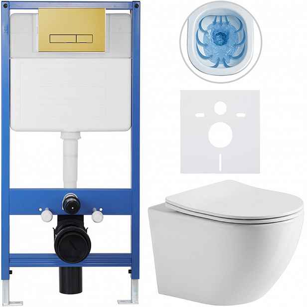 Kompletní WC set Profi/Cesso - bílá lesklá - WC tlačítko Slim/Zlatá - předstěnová instalace - 49x36 cm - 367254
