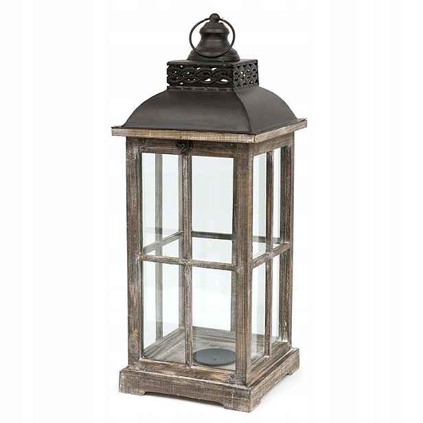 Lampion Hnědý Dřevěný Kovový h-60cm S Držákem Retro Zestárlý