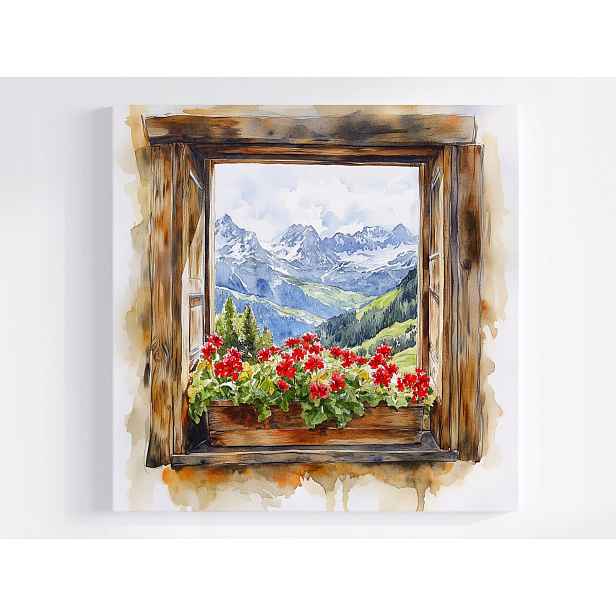 Obraz Na Plátně Canvas Okno Pohled Na Hory Alpy Sníh Květiny Pelargonie 50x50