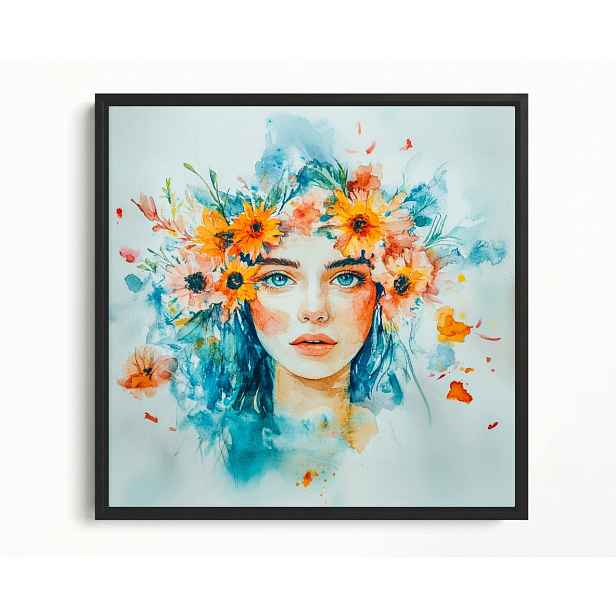 Obraz Rám American Box Tyrkysová Dáma Portrét Květiny Akvarel Boho 60x60