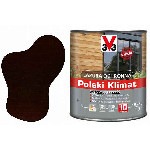 Ochranná lazura Polský Klima Vysoká odolnost Tmavý ořech 0,75 L V33