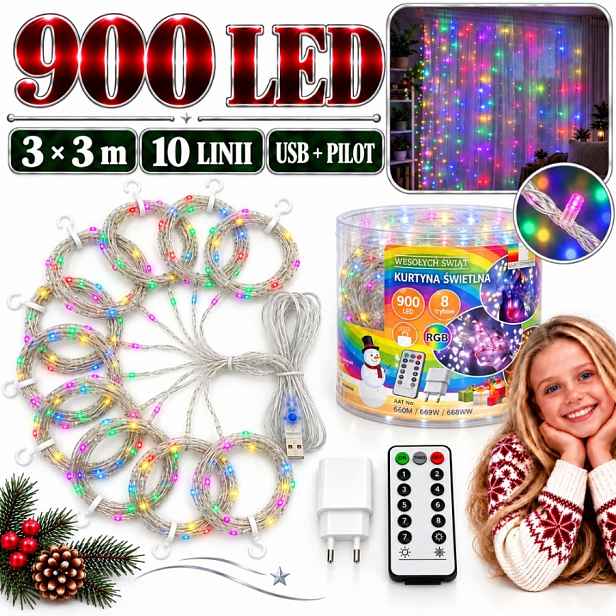 Světelný Závěs 900 Led 3X3M Multicolor Usb Pilot 8 Režimů Lampy