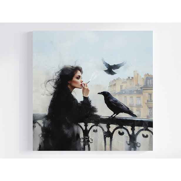 Plátno Město Obraz Na Plátně Žena Pták Havran Cigaretka Mlha 50x50