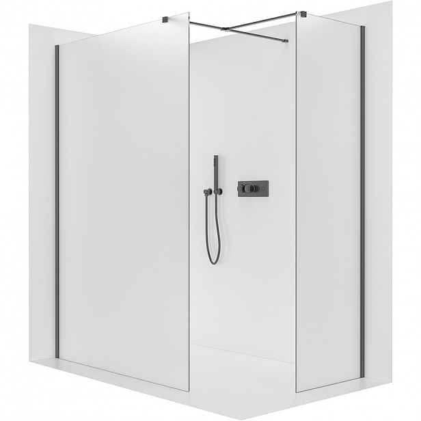 Sprchová zástěna Walk-in Onyx T L/P - 8 mm - hranatá vzpěra - černá matná, mléčné sklo - 60x30x200 cm