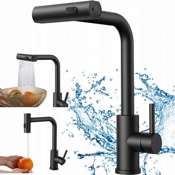 Kuchyňská Baterie Černá Metalická Vytahovací Sprcha Vývod 3 Proudy Dřez