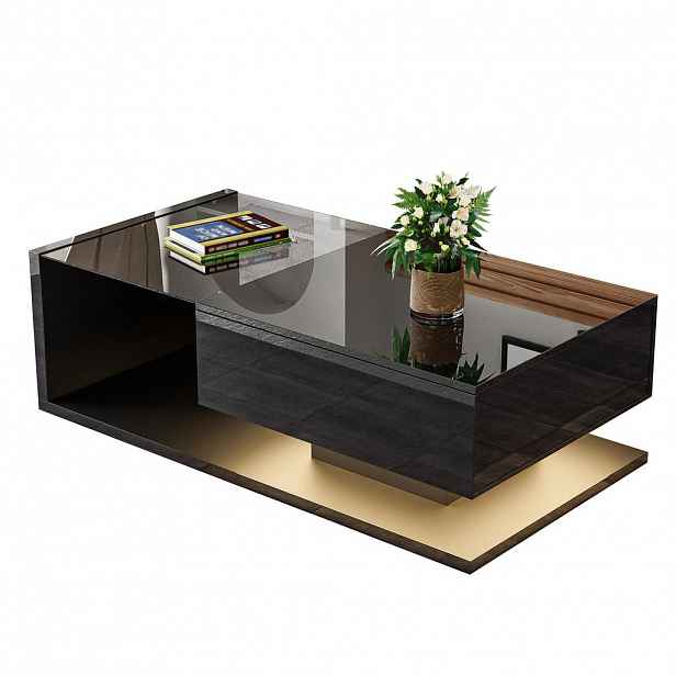 Modfu KONFERENČNÍ stolek z dřevotřísky 105x55x32,5 cm černý vysoký lesk s tvrzeným sklem, LED osvětlením a policí
