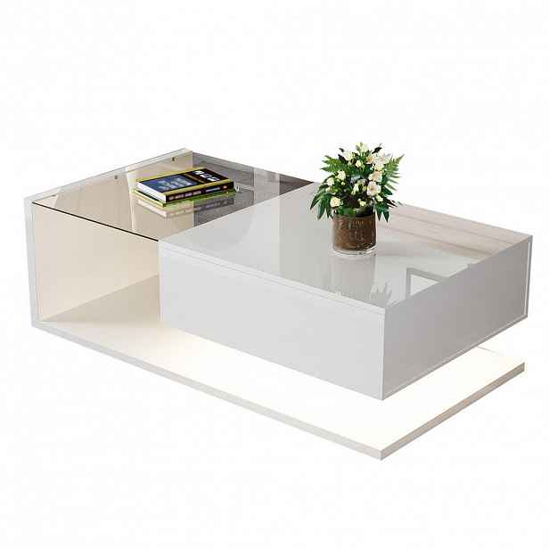 Modfu KONFERENČNÍ stolek z dřevotřísky 105x55x32,5 cm bílý vysoký lesk s tvrzeným sklem, LED osvětlením a úložným prostorem