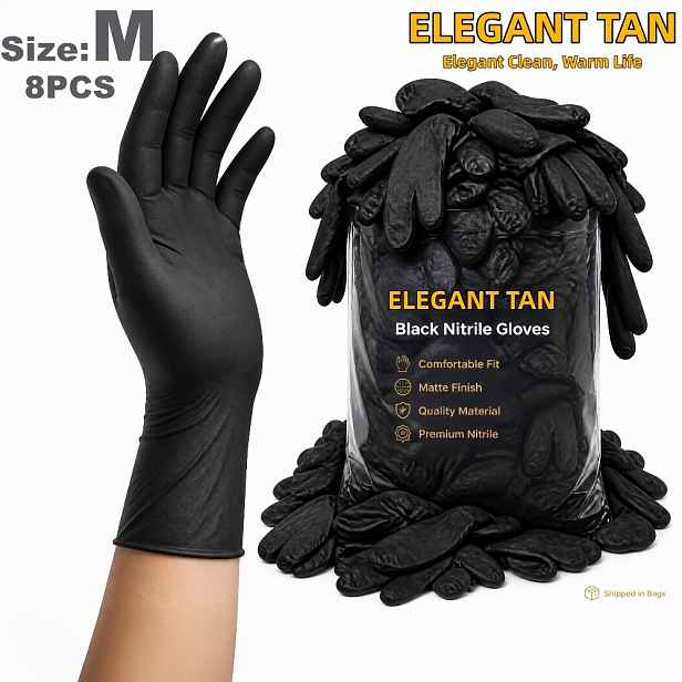 TEMU ELEGANTNÍ ČERNÉ Nitrilové rukavice TAN, Prémiový texturovaný úchop, Elastické a prodyšné, Matný povrch, Pohodlný střih, Vhodné pro údržbu