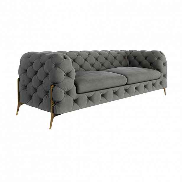 S-Style CHESTERFIELD TŘÍMÍSTNÁ POHOVKA Lexi ze šedého sametu se zlatými nohami