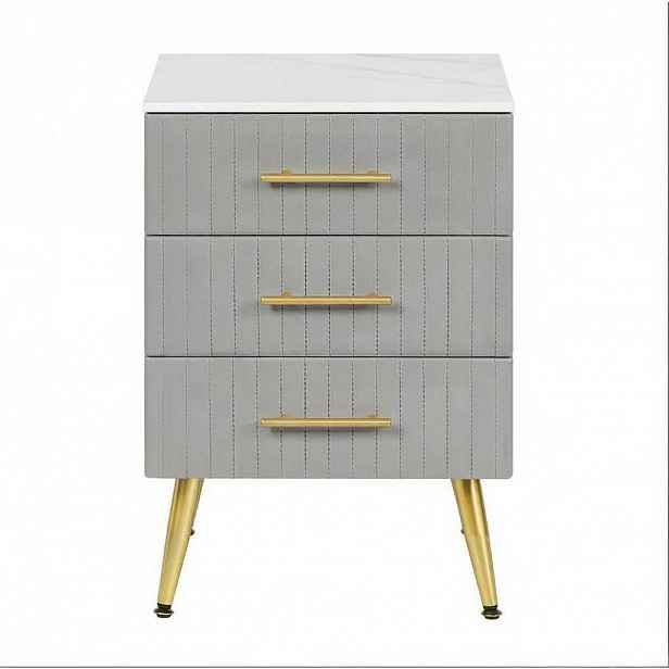 OKWISH NOČNÍ stolek 40,5/41/62 cm šedý z MDF, kovu, masivu a sametu se 3 zásuvkami