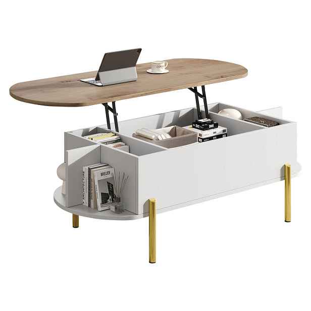 EVRYAE KONFERENČNÍ STOLEK 120/50/43 cm výškově nastavitelný 57,5 cm MDF zlaté nohy úložný prostor Bílá moderní obývací pokoj