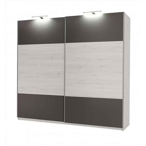 Široká šatní skříň 225 cm KIMBALL - norská borovice / šedá + LED osvětlení ZDARMA