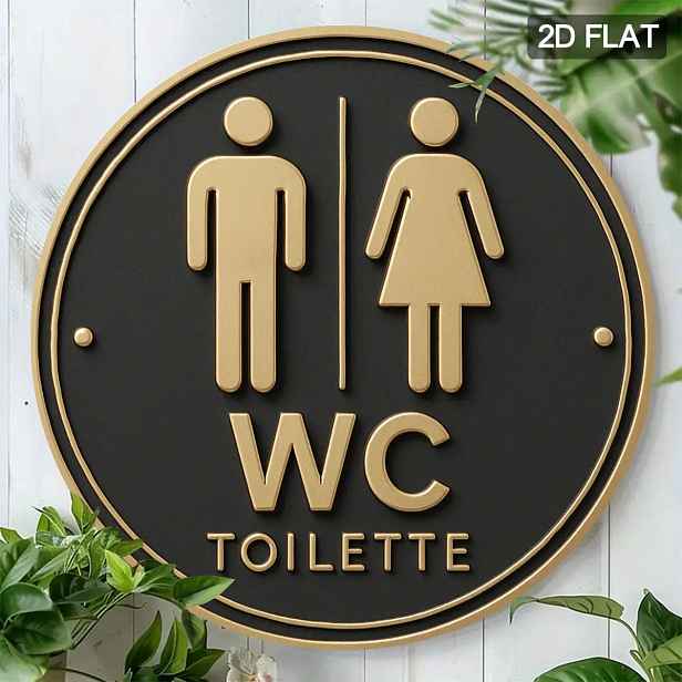 TEMU 2D Plochá, 2D - 2D Moderní Německý Styl Toaletní Cedule, Kulatá Dřevěná Nástěnná Dekorace, Multifunkční Věnec na Přední Dveře, Bez Nutnosti