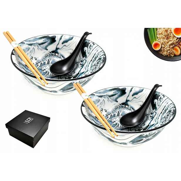 Sada 2 misek s lžícemi a paličkami Ramen Dragon kuroi 22 cm dárková krabička
