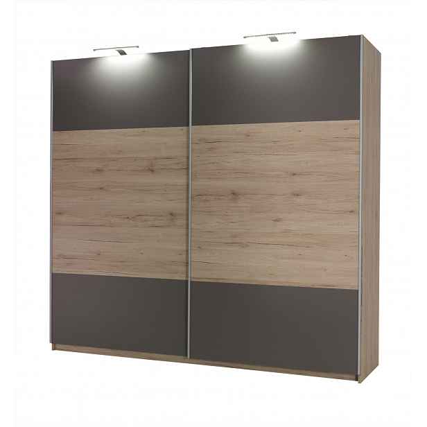 Široká šatní skříň 225 cm KIMBALL - dub san remo / šedá + LED osvětlení ZDARMA