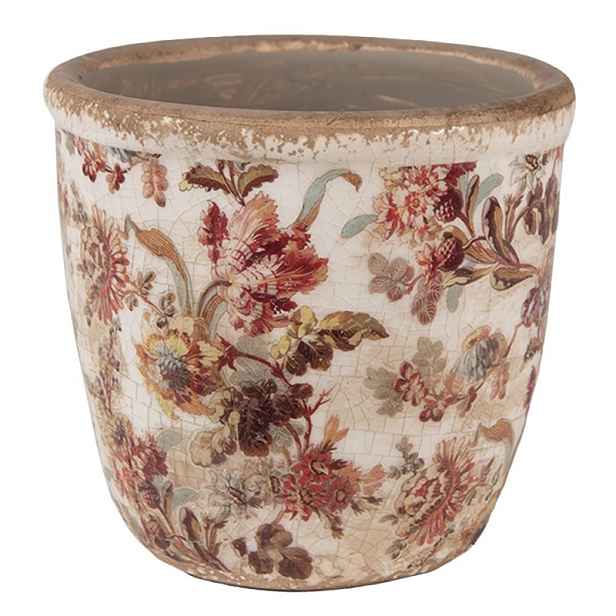 Béžový keramický obal na květináč s květy Flovia XS - Ø 11*11 cm Clayre & Eef