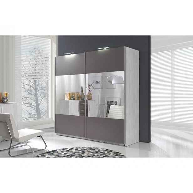 Zrcadlová šatní skříň 225 cm KIMBALL 1 - norská borovice / šedá + LED osvětlení ZDARMA
