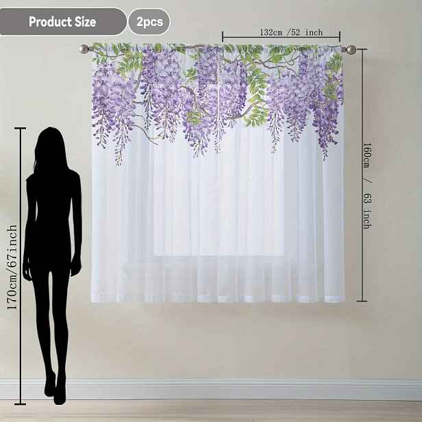 TEMU 2ks Elegantní Wisteria Flower Sheer Závěsy - Fialový Květinový Zelenými , Široký Šaty na Žebříku pro Obývací Pokoj, Kuchyň, Ložnici, Balkon a