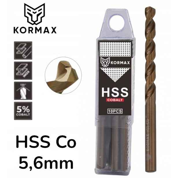Vrták do kovu 5,6 mm Hss Co5 kobaltový op 10 ks DIN338 Kormax
