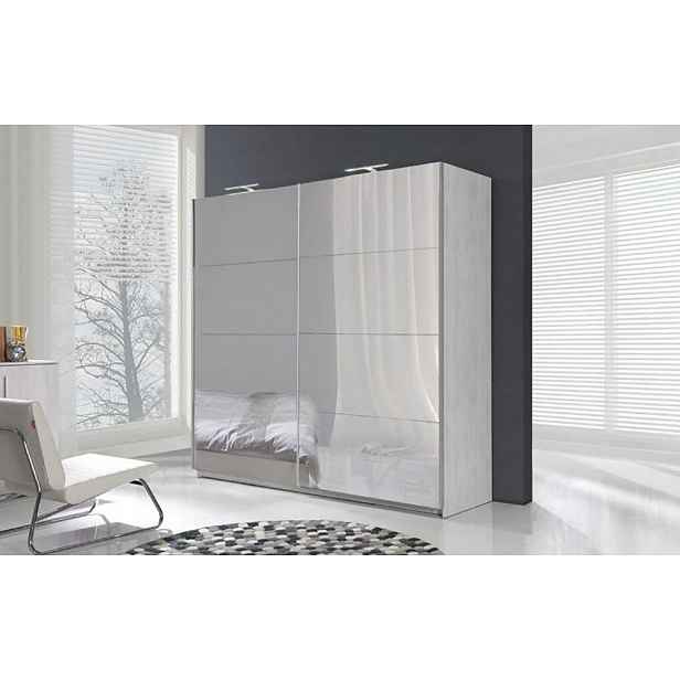 Zrcadlová šatní skříň 225 cm KIMBALL 2 - norská borovice / šedá + LED osvětlení ZDARMA