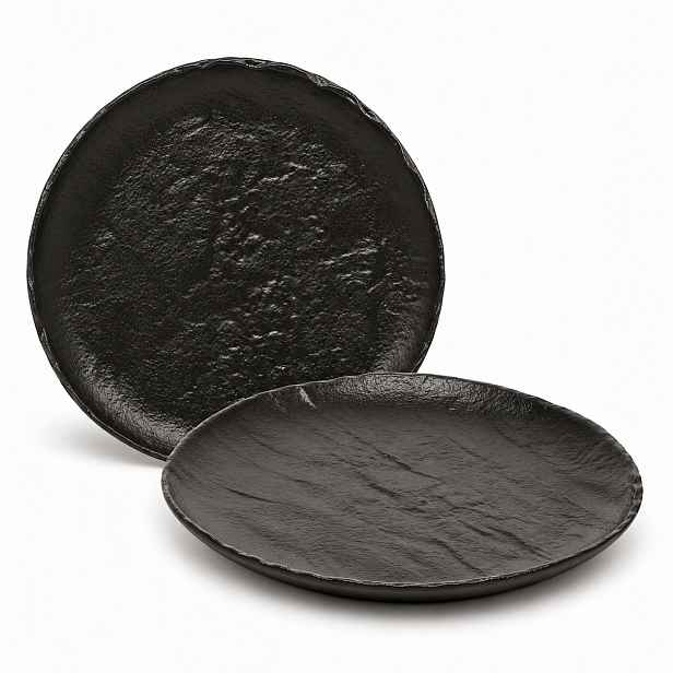 2x Obědové talíře na pizzu 33 cm Wilmax Porcelánové Černé Kamenný Vzor