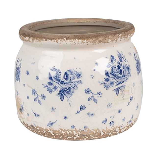 Béžový keramický obal na květináč s modrými růžemi Blue Rose S - Ø 12*10 cm Clayre & Eef