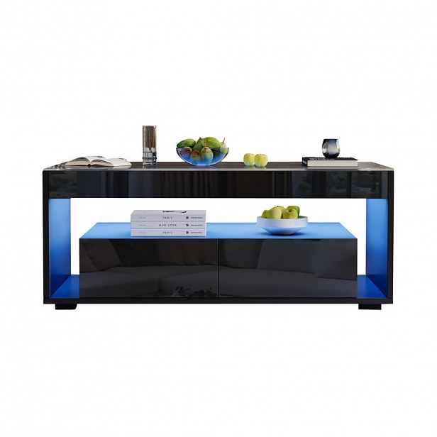 Modfu KONFERENČNÍ stolek z dřevotřísky a tvrzeného skla 100x50x40 cm černý s LED osvětlením a 2 zásuvkami