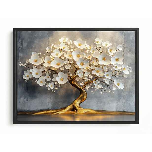 Obraz Rám American Box Zlatý Strom Glamour Bílé Květiny Dekorace 80x60