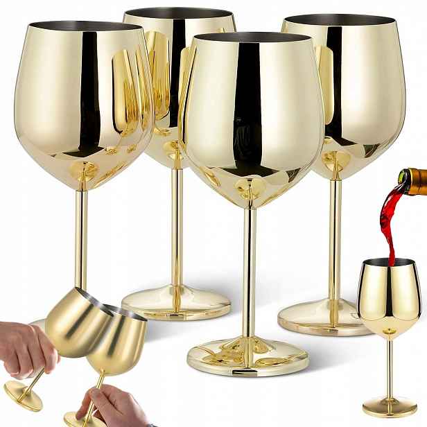 4 X Zlaté Skleničky Na Víno Z Nerezové Oceli 500 ML, Matný Efekt Námrazy