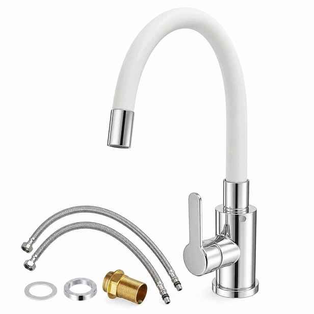 Kuchyňská Baterie Bílá Flexibilní Ramínko 360° 2 Režimy Chrom 54 CM