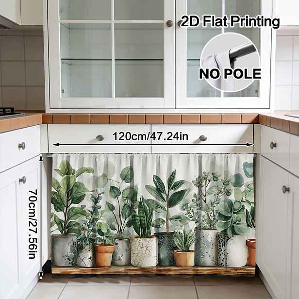 TEMU 2D plochá závěs - 2D plochá závěs - Krátký závěs do kuchyně s 2D plochým designem a vzorem zelených květináčů, navržený pro snadnou instalaci s