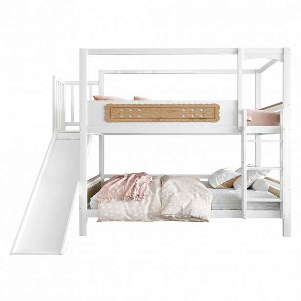 OKWISH PATROVÁ postel 90/200 cm bílá a přírodní z borovice se skluzavkou a širokým žebříkem