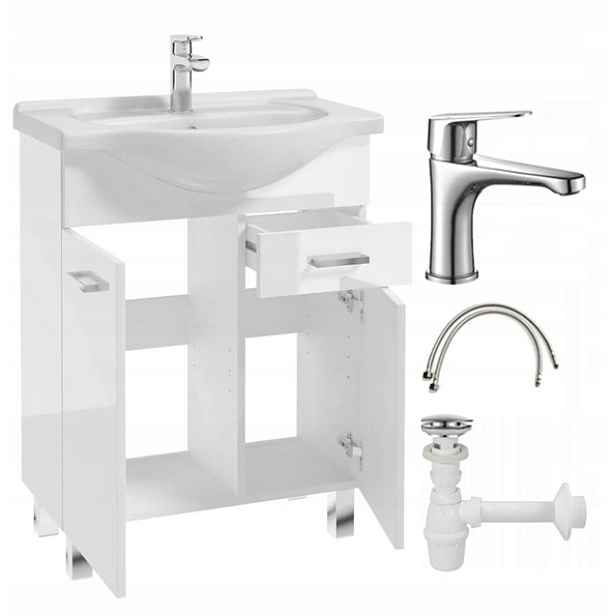 Stojací koupelnová skříňka s umyvadlem a baterií a sifonem 55 cm, bílý lesk